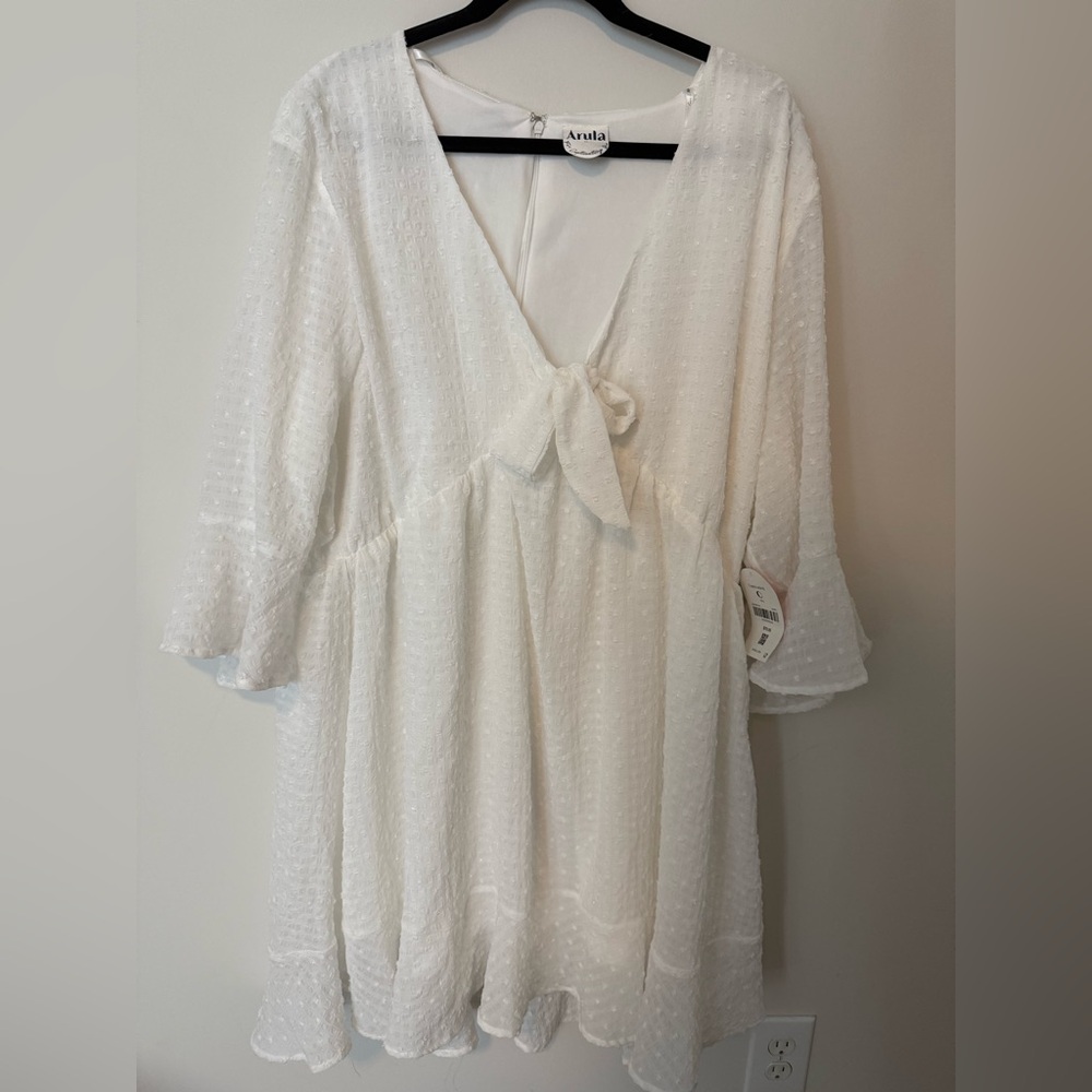 ARULA White Textured Mini Dress with Tie Front